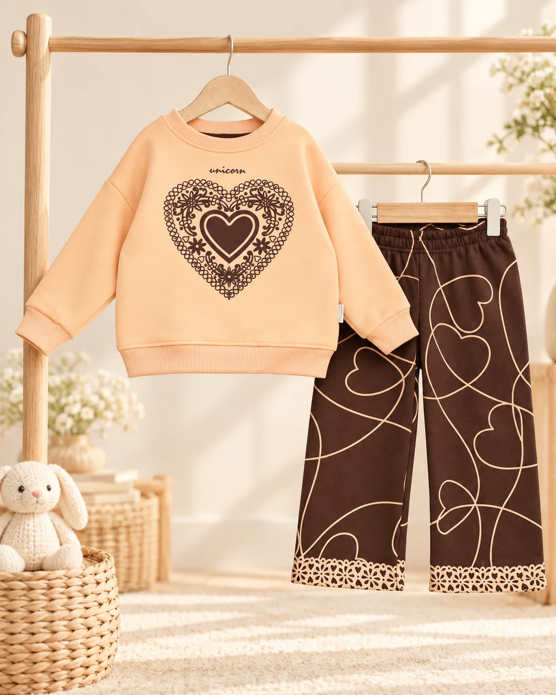 Kalp Desenli Sweatshirt & Pantolon Kız Çocuk Takım