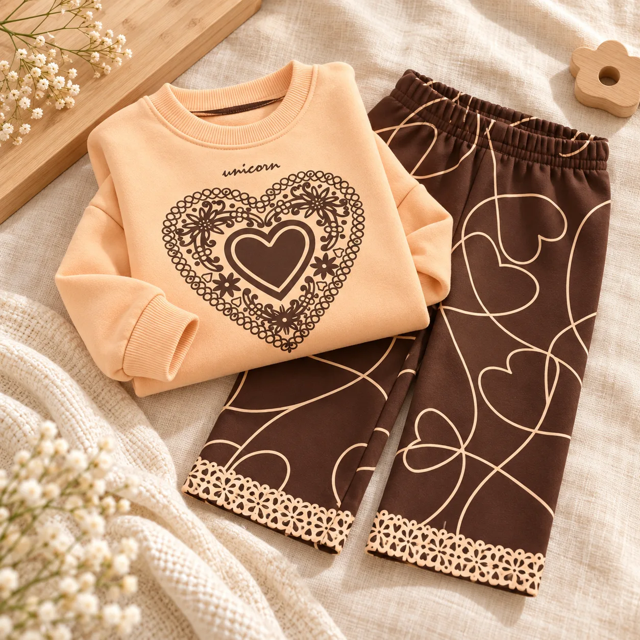 Kalp Desenli Sweatshirt & Pantolon Kız Çocuk Takım