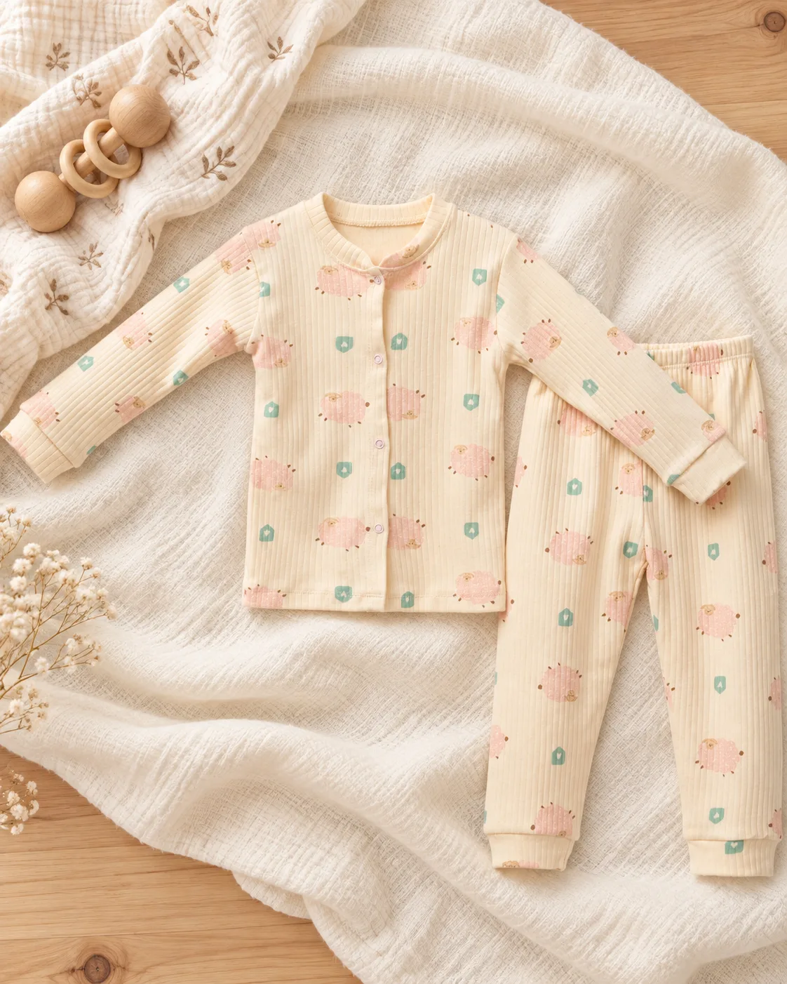 Kuzu Desenli Önden Çıtçıtlı Unisex Bebek Takım