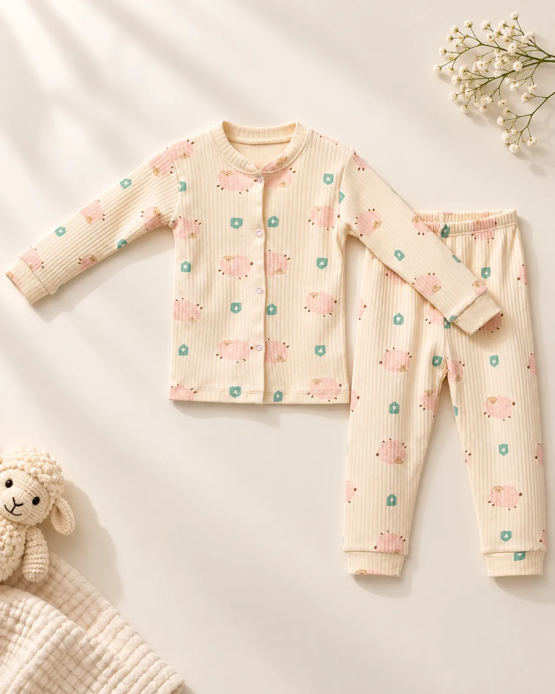Kuzu Desenli Önden Çıtçıtlı Unisex Bebek Takım