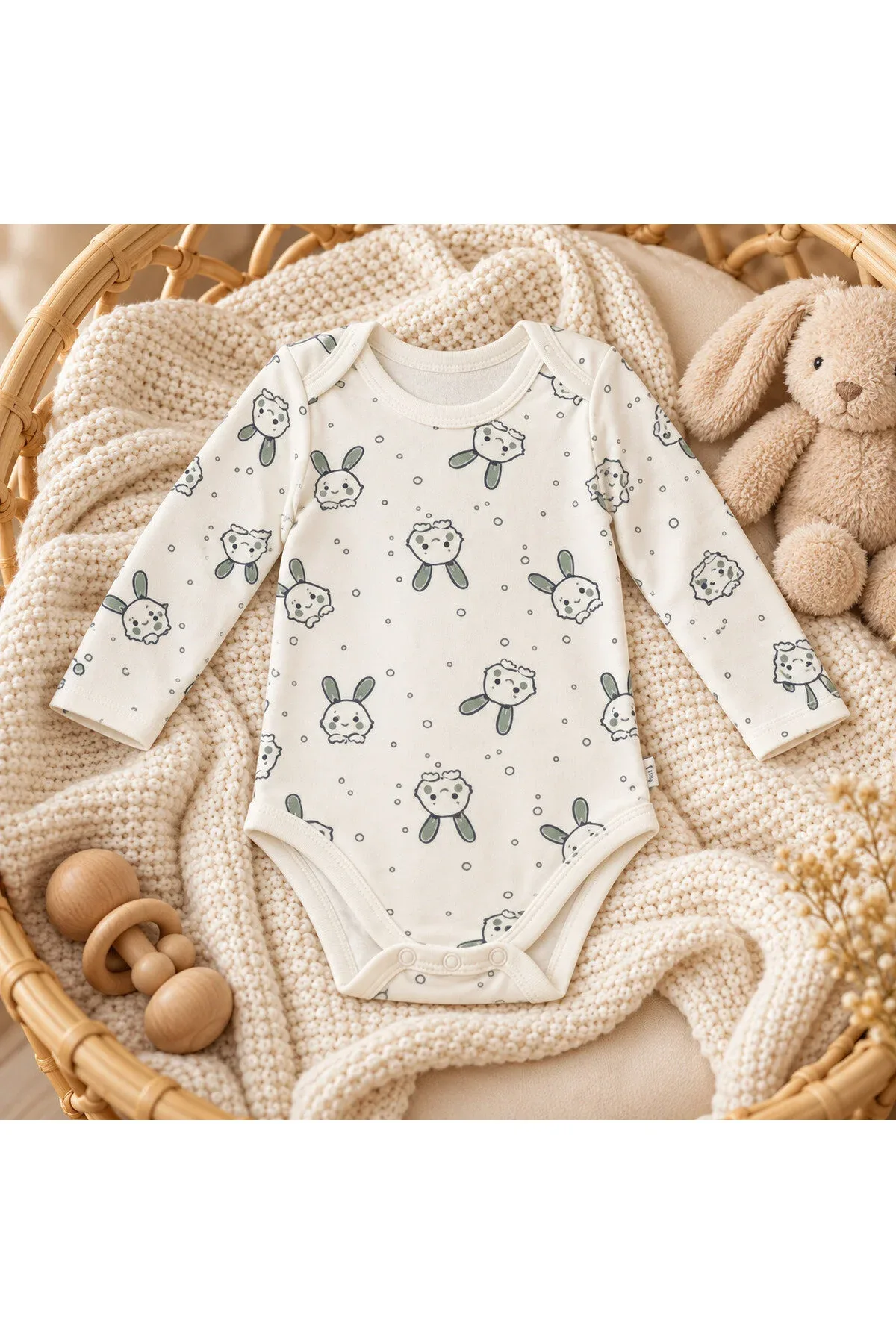 Unisex Bebek Tavşan Desenli Uzun Kollu Çıtçıtlı Body Zıbın
