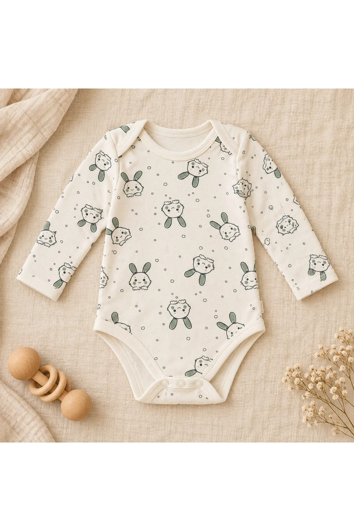 Unisex Bebek Tavşan Desenli Uzun Kollu Çıtçıtlı Body Zıbın