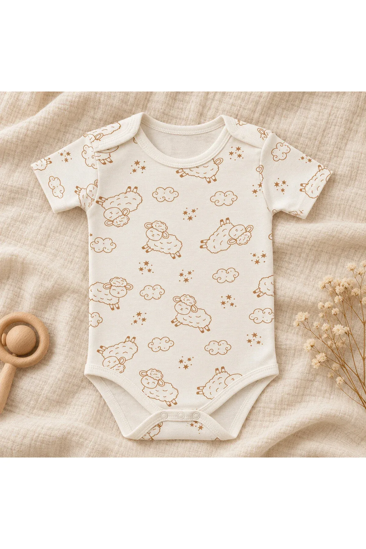 Unisex Bebek Kuzu Desenli %100 Pamuk Kısa Kollu Çıtçıtlı Body Zıbın
