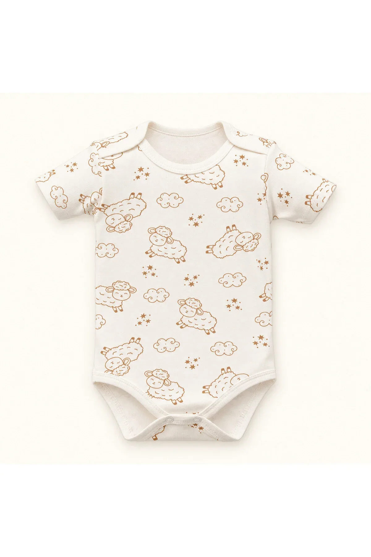Unisex Bebek Kuzu Desenli %100 Pamuk Kısa Kollu Çıtçıtlı Body Zıbın