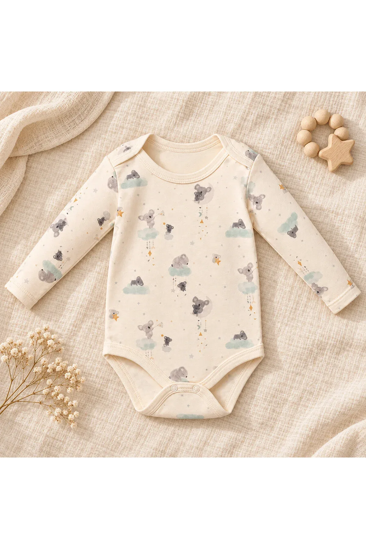 Unisex Bebek Koala Desenli %100 Pamuk Uzun Kollu Çıtçıtlı Body Zıbın