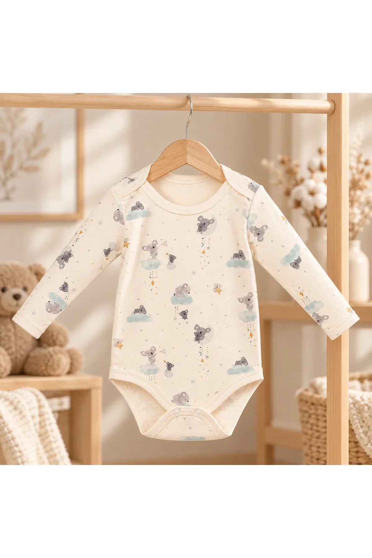 Unisex Bebek Koala Desenli %100 Pamuk Uzun Kollu Çıtçıtlı Body Zıbın