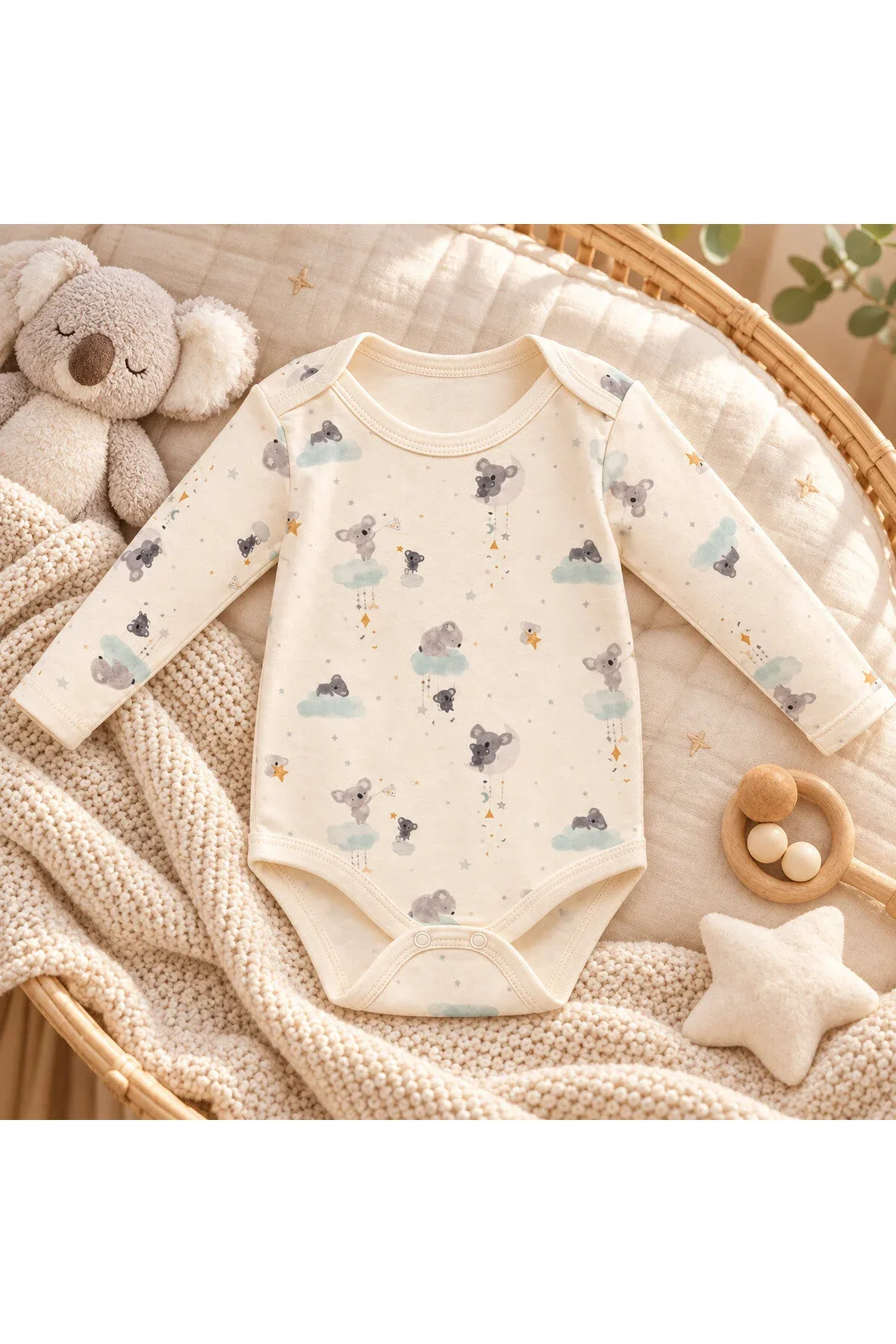 Unisex Bebek Koala Desenli %100 Pamuk Uzun Kollu Çıtçıtlı Body Zıbın