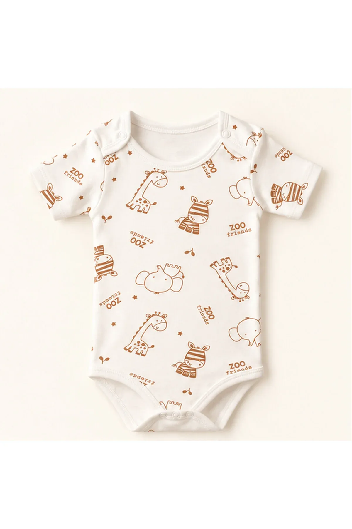 Unisex Bebek Safari Hayvan Desenli %100 Pamuk Kısa Kollu Çıtçıtlı Body Zıbın
