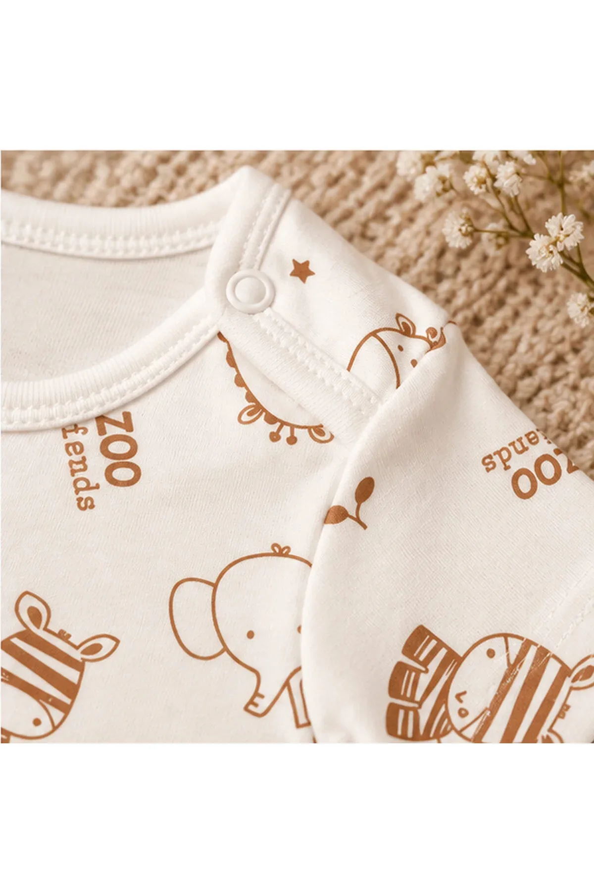 Unisex Bebek Safari Hayvan Desenli %100 Pamuk Kısa Kollu Çıtçıtlı Body Zıbın