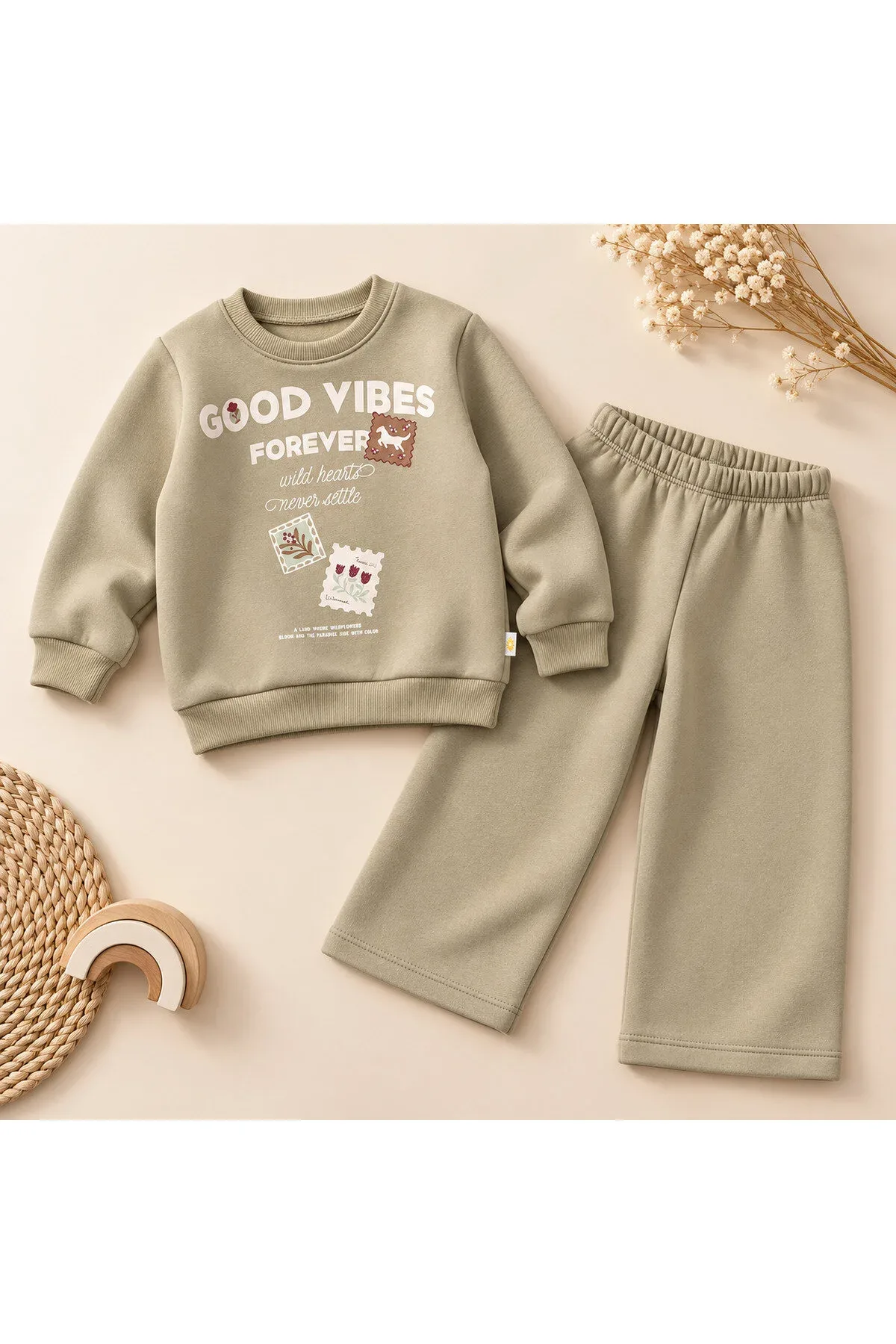Kız Çocuk Good Vibes Baskılı Alt Üst Takım